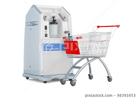 Home Oxygen Concentrator with shopping cart, 3D rendering Home Oxygen Concentrator with shopping cart, 3D rendering 98391653