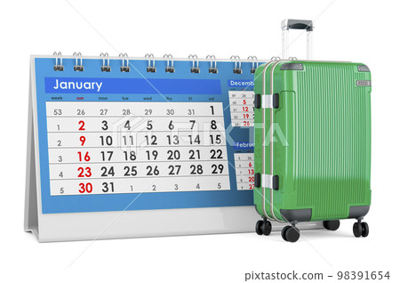 Luggage with desk calendar, 3D rendering Luggage with desk calendar, 3D rendering 98391654