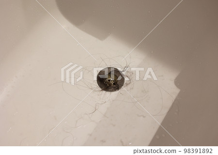 A bathroom bathtub drain clogged with clumps of hair A bathroom bathtub drain clogged with clumps of hair 98391892