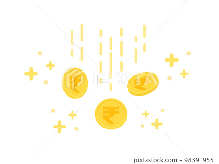 閃閃發光的印度貨幣盧比符號 — 帶有 ₹ 的硬幣掉落 — 利潤、利潤、利息的形象 98391955
