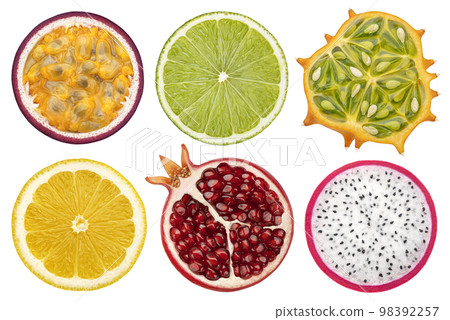 Fruit slices collection isolated on white background, top view, flat lay 98392257
