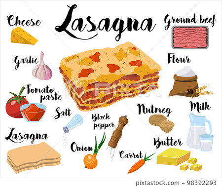 a kitchen poster with a lasagna recipe. Vector illustration on a white background a kitchen poster with a lasagna recipe. Vector illustration on a white background 98392293