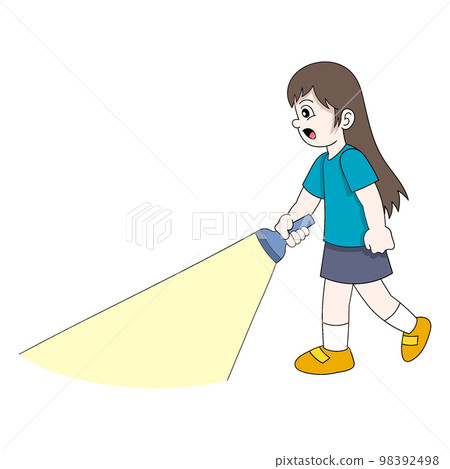 kid girl is walking in the dark using a light flashlight 98392498