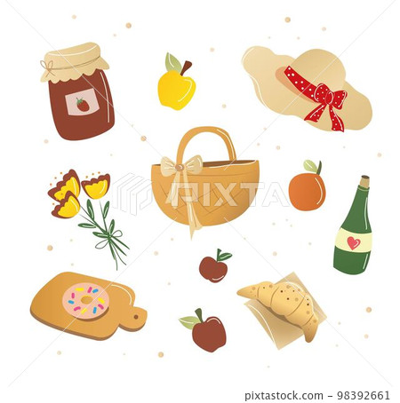 Picnic set food and water in a basket. Vector illustration Picnic set food and water in a basket. Vector illustration 98392661