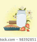 Juicy and fresh fruit. Organic food vector illustration. The jar of strawberry jam on white background. Delicious berry cupcake. 98392851