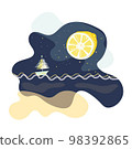 boat in the ocean at night with starry sky illustration 98392865