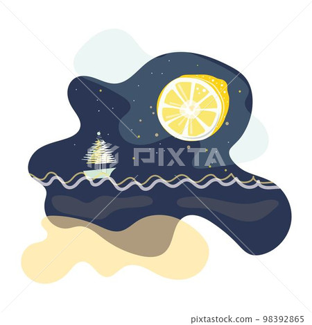 boat in the ocean at night with starry sky illustration 98392865