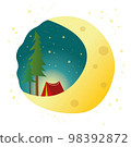 A red tent and a fire on meadow. Summer or autumn. Hiking and camping. Starry blue sky, stars and meteorites, clouds. Vector landscape can be used in newsletter, brochures, postcards, banner. 98392872