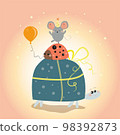 cute greeting card. turtle, ladybug and mouse stand on top of each other. gentle and calm colors. baby illustration 98392873