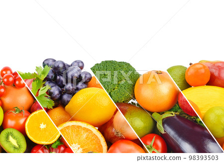 Set of vegetables and fruits isolated on white . Collage. Free space for text. Set of vegetables and fruits isolated on white . Collage. Free space for text. 98393503