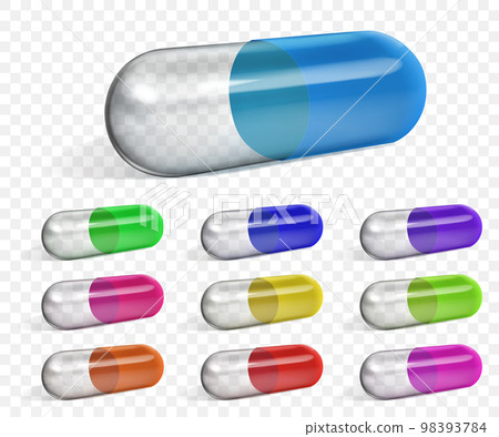 Set of multicolored half transparent oblong capsules 98393784
