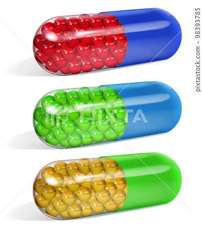 Set of multicolored half transparent oblong capsules filled with small pellets 98393785