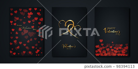 Happy Valentines day vector set greeting card. Gold red hearts on black background. Golden holiday poster with text, jewels. Concept for Valentines banner, flyer, party invitation, jewelry gift shop Happy Valentines day vector set greeting card. Gold red hearts on black background. Golden holiday poster with text, jewels. Concept for Valentines banner, flyer, party invitation, jewelry gift shop 98394113