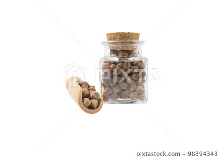 brown chickpeas in wooden scoop and glass jar on isolated on white background. nutrition. food ingredient. brown chickpeas in wooden scoop and glass jar on isolated on white background. nutrition. food ingredient. 98394343
