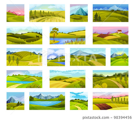 Green Summer Landscape with Field, River and Mountains Big Vector Set 98394456