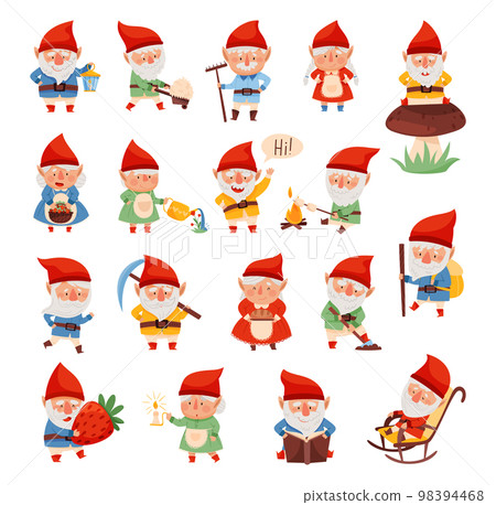 Fantastic Gnome Man and Woman Character with White Beard and Red Pointed Hat Vector Illustration Set 98394468