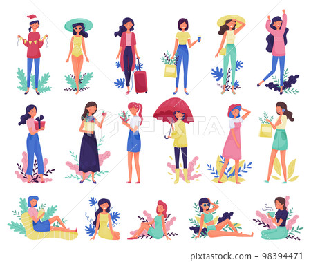 Young Woman in Different Pose Doing Different Activity in Foliage Big Vector Set Young Woman in Different Pose Doing Different Activity in Foliage Big Vector Set 98394471