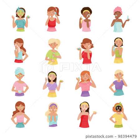 Beauty Girl Take Care of Face Skin Applying Cosmetic Cream and Lotion Big Vector Set Beauty Girl Take Care of Face Skin Applying Cosmetic Cream and Lotion Big Vector Set 98394479