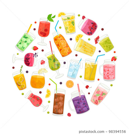 Fresh Fruit Drinks Round Composition with Cool Juicy Beverage in Glass with Straw Vector Template Fresh Fruit Drinks Round Composition with Cool Juicy Beverage in Glass with Straw Vector Template 98394556
