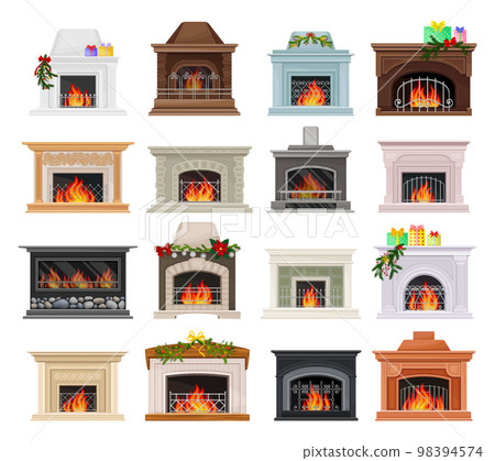 Stone Fireplace or Hearth with Mantelpiece and Burning Fire Big Vector Set 98394574