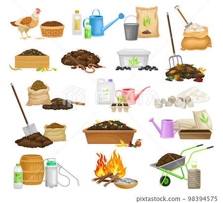 Garden Organic Fertilizer and Compost for Soil Cultivation Big Vector Set Garden Organic Fertilizer and Compost for Soil Cultivation Big Vector Set 98394575