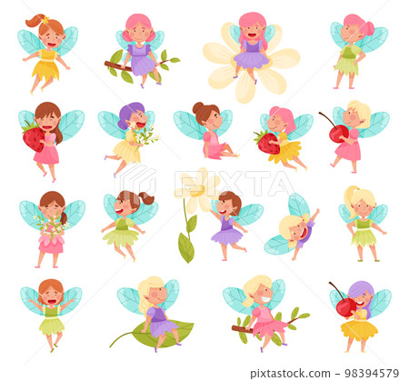 Cute Girl Fairy Flying with Wings Among Flower and Nature Big Vector Set 98394579