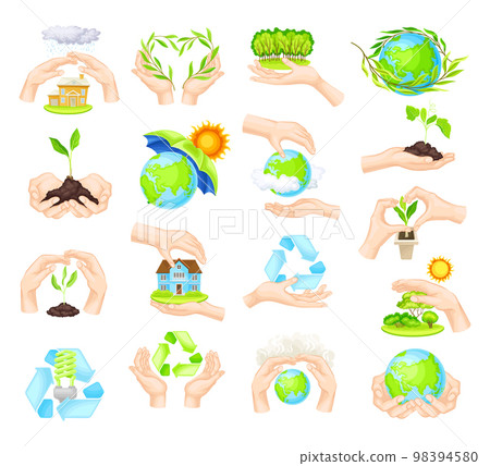 Environmental Protection with Hand Taking Care of Green Planet Big Vector Set 98394580