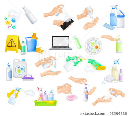 Disinfection and Hand Hygiene with Sanitizer Spray Bottles and Detergent Vector Set 98394586