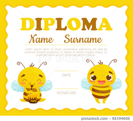 Cute Honey Bee Diploma Design with Busy Insect and Natural Sweet Food Vector Template Cute Honey Bee Diploma Design with Busy Insect and Natural Sweet Food Vector Template 98394606