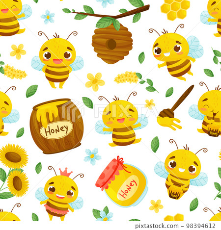 Cute Honey Bee Seamless Pattern Design with Busy Insect and Natural Sweet Food Vector Template 98394612