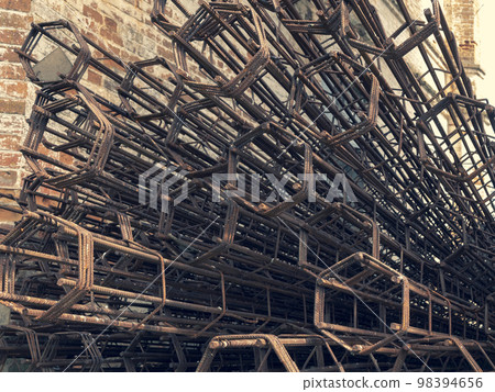 Steel reinforcement rods. Rusty rebar, close up 98394656