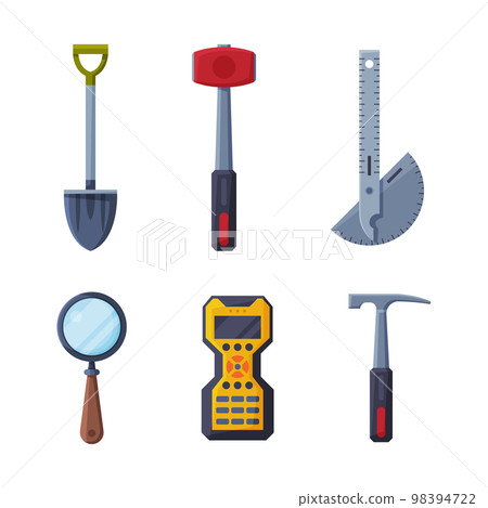 Earth Exploration and Geological Tools with Shovel, Hammer, Ruler, Magnifying Glass and Radio Transmitter Vector Set 98394722