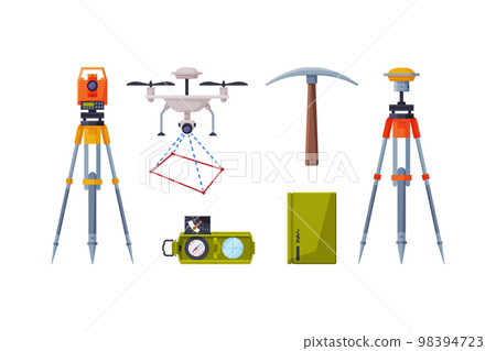 Earth Exploration and Geological Tools with Measurement Device on Tripod, Pickaxe, Drone and Compass Vector Set 98394723