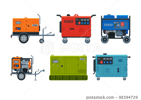 Power and Energy Generators as Portable Electrical Equipment Vector Set 98394729