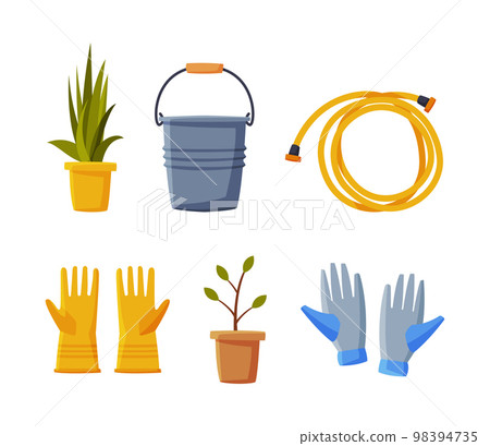 Garden with Gloves, Bucket, Pot with Plant and Hose Vector Set 98394735