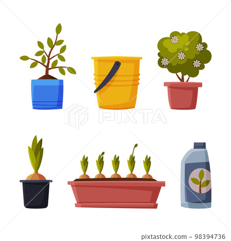 Garden with Growing Plant, Pot, Bucket and Fertilizer Vector Set Garden with Growing Plant, Pot, Bucket and Fertilizer Vector Set 98394736