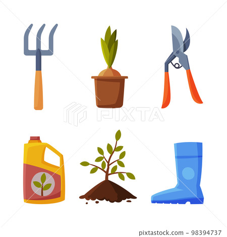 Garden with Seedling, Rubber Boot, Pruner, Fork, Plant and Fertilizer Vector Set 98394737