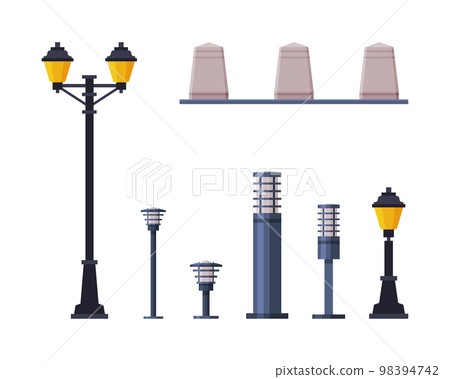 City Park Elements with Lamp, Light Post and Road Barrier Column Vector Set 98394742