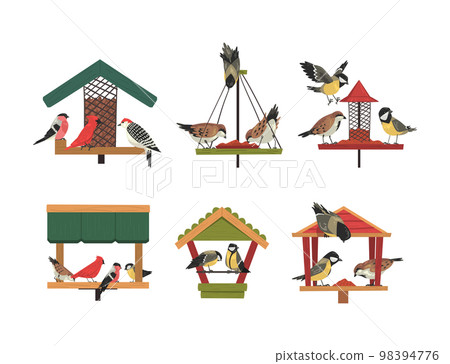 Winter Wooden Bird Feeder with Aves Picking Grain and Seeds Vector Set 98394776