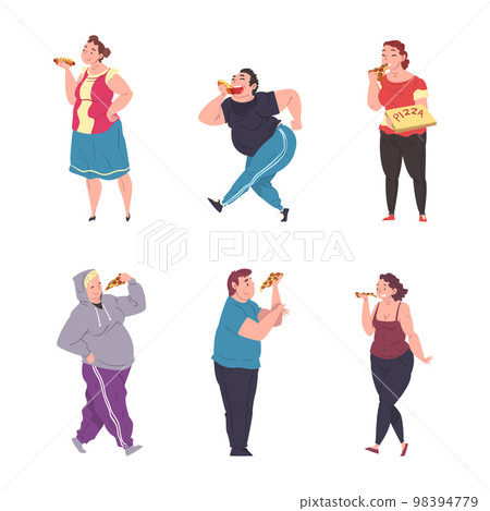Happy Fat People Character Eating Fast Food Vector Set 98394779