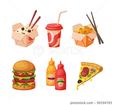 Fast Food Meal and Dinner with Chinese Noodle in Box, Soda, Hamburger and Pizza Vector Set Fast Food Meal and Dinner with Chinese Noodle in Box, Soda, Hamburger and Pizza Vector Set 98394785