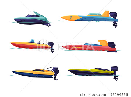 Motorboat or Speedboat as Watercraft or Swimming Water Vessel Vector Set 98394786