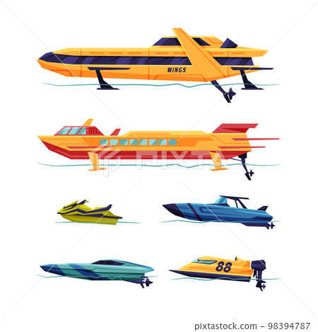 Motorboat or Speedboat as Watercraft or Swimming Water Vessel Vector Set 98394787