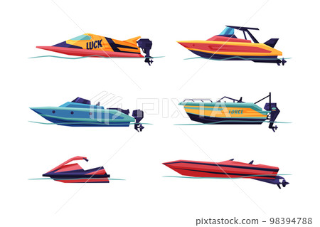 Motorboat or Speedboat as Watercraft or Swimming Water Vessel Vector Set Motorboat or Speedboat as Watercraft or Swimming Water Vessel Vector Set 98394788