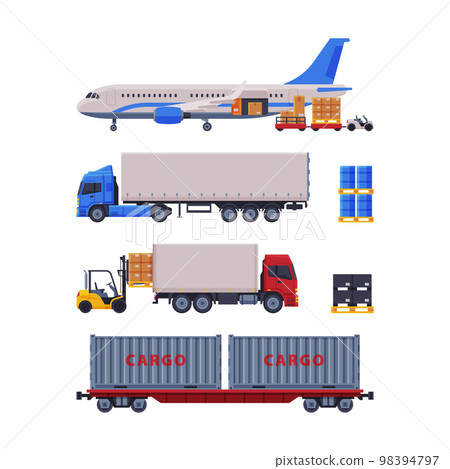 Warehouse with Cargo Transport Carrying Container Vector Set Warehouse with Cargo Transport Carrying Container Vector Set 98394797