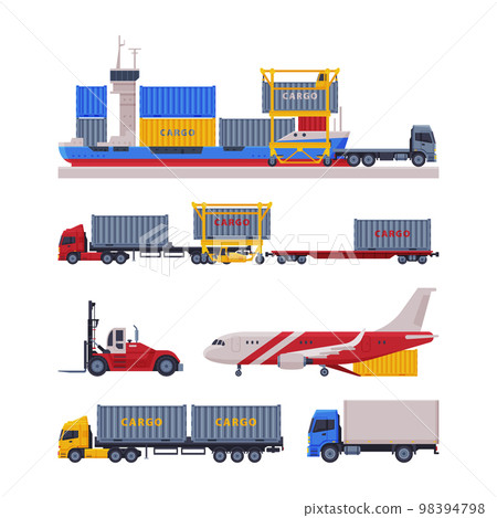Warehouse with Cargo Transport Carrying Container Vector Set Warehouse with Cargo Transport Carrying Container Vector Set 98394798