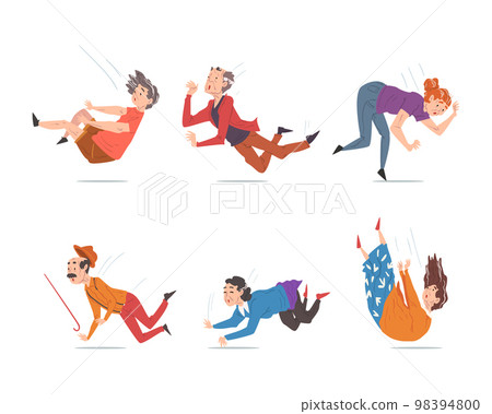 Senior Male and Female Character Falling Down on the Ground due to Slippery Road, Clumsiness or Health Problem Vector Set 98394800