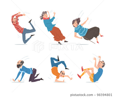 Senior Male and Female Character Falling Down on the Ground due to Slippery Road, Clumsiness or Health Problem Vector Set 98394801