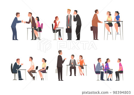 Job Interview and Recruitment with People Meeting and Shaking Hands with Employer Vector Set 98394803