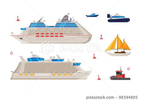 Ship with Mast and Sails and Passenger Cruise Liner Vector Set Ship with Mast and Sails and Passenger Cruise Liner Vector Set 98394805